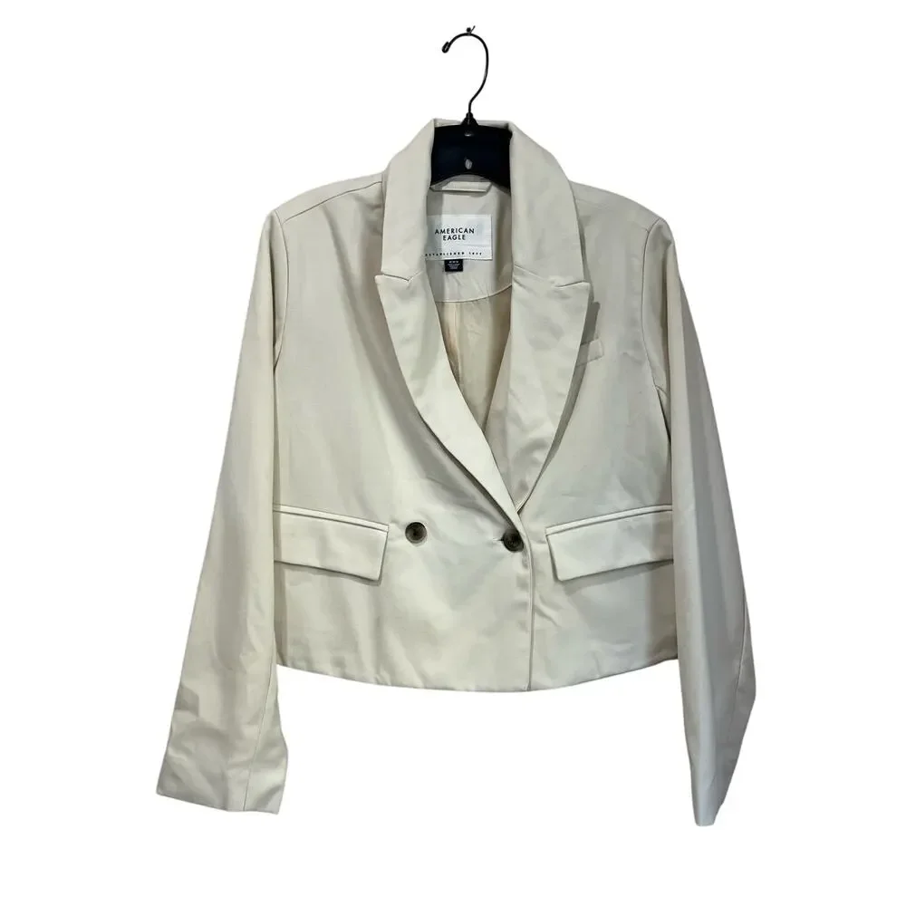 American Eagle Cropped Blazer Size M Ivory Double Breasted Office Chic - Picture 2 of 10